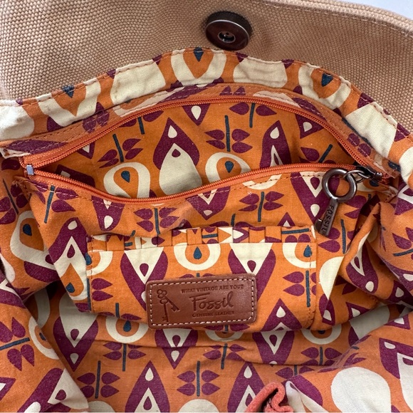 FOSSIL Khaki Canvas Brown Suede with Rust Colored Suede Straps Shoulder Tote Bag - Picture 4 of 11